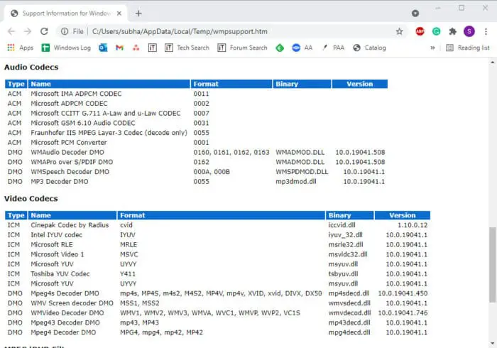 codecs installed web browser