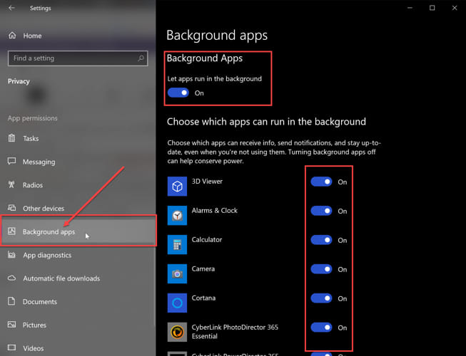 Windows Settings Background apps