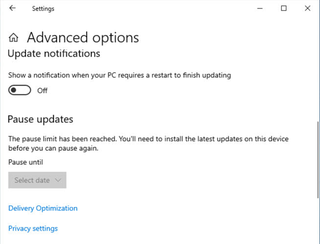Windows Update pause limit has been reached
