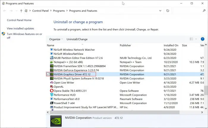 Check the installed Nvidia driver version from Programs and Features applet