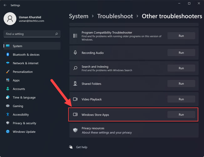 Windows Store Apps troubleshooter in Windows 11