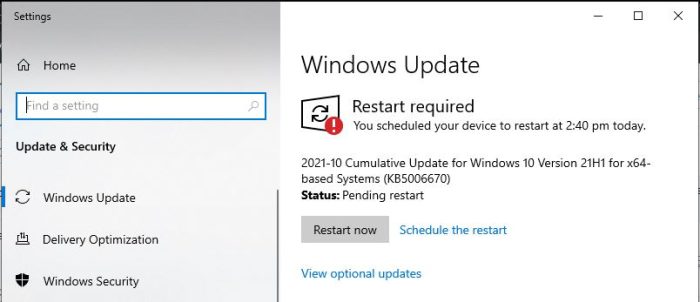 Download Cumulative Update KB5006670 for Windows 10 v21H1, v20H2, and v2004 1 Restart now jpg