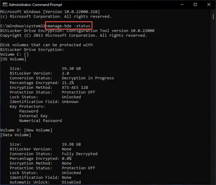 How To Manage BitLocker Using Command Line in Windows (Manage-bde) 1 bde status