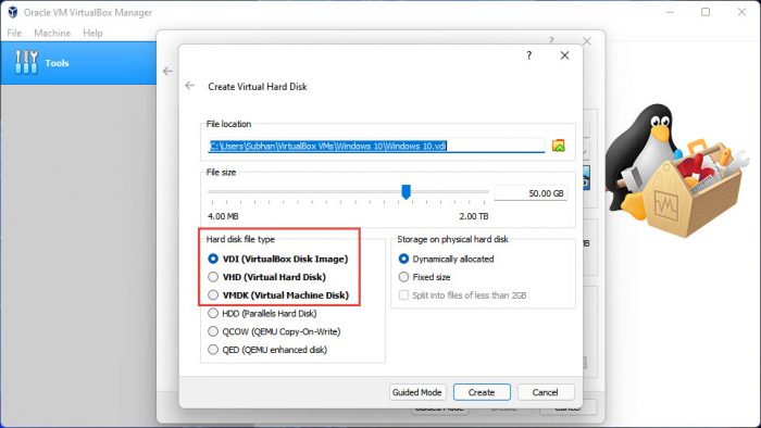 virtualbox create vm vhd type