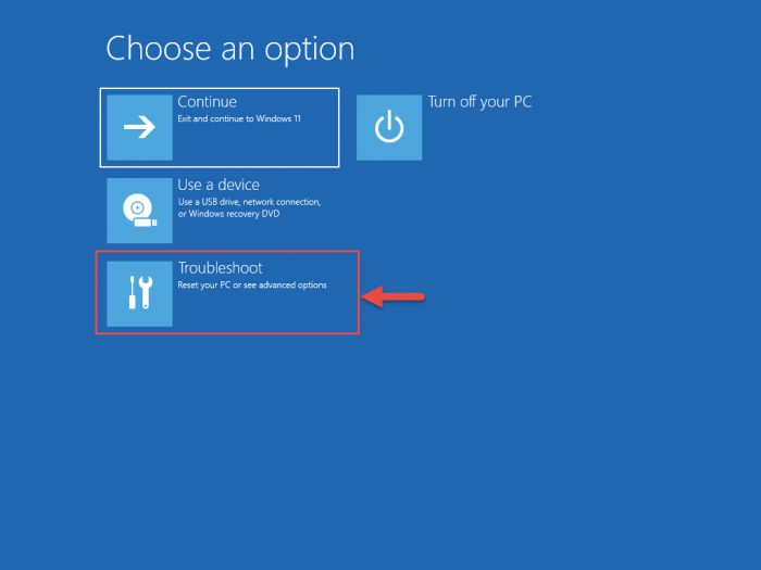 Open troubleshooting options in WinRE