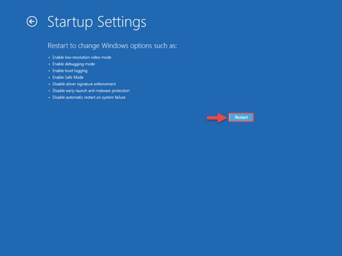 Restart the computer in advanced startup settings