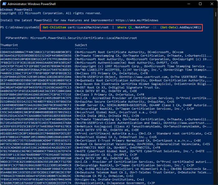 View expired certificates in PowerShell