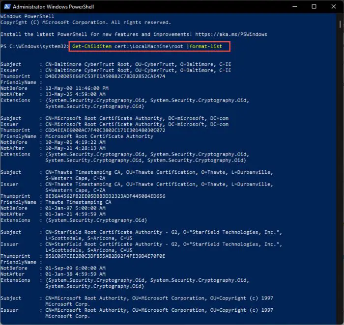 How to Install/Update Root Certificates in Windows 11 6 pwsh view certs