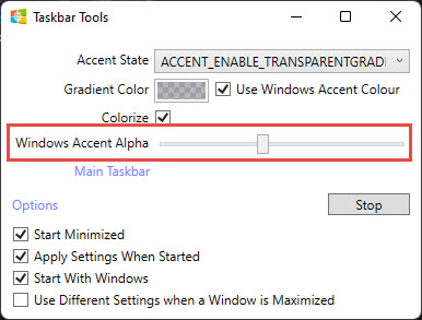 Adjust taskbar's transparency using TaskbarTools