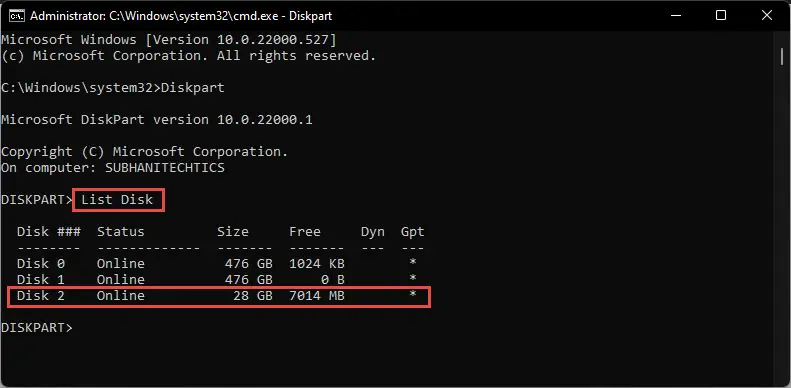 list disk format cmd