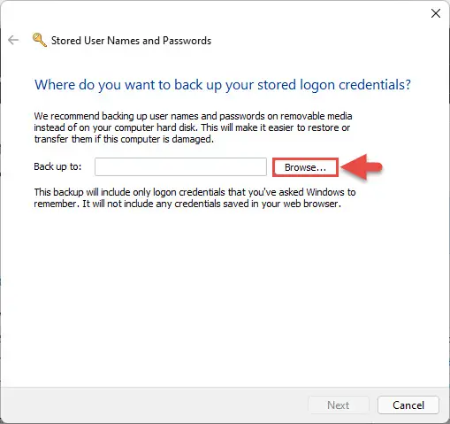 Browse to location to store the credentials