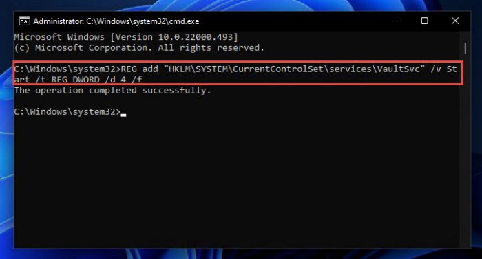 Disable the Credential Manager using Command Prompt