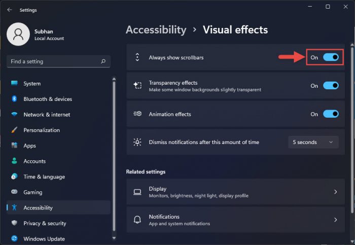 Toggle to show or hide scrollbars