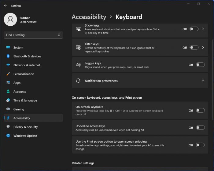 Keyboard accessibility settings