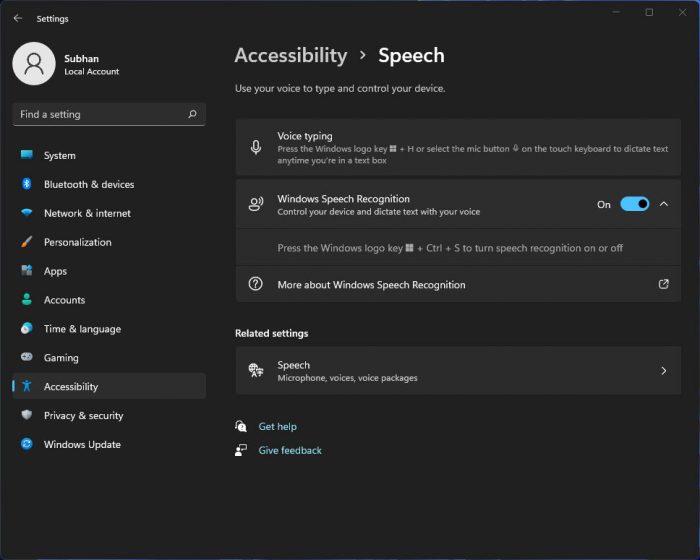 Speech accessibility setting