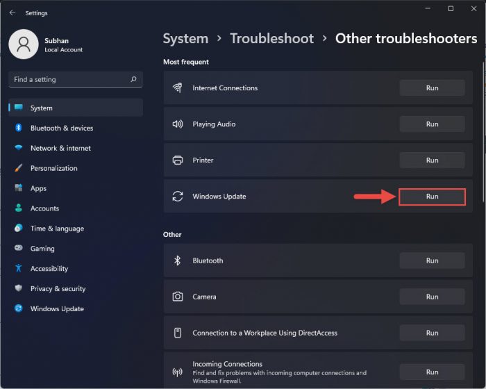 Run Windows Update troubleshooter