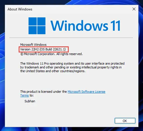 Windows 11 22H2 Build 22621 Installed