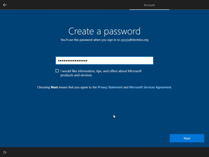 Create a password Windows setup