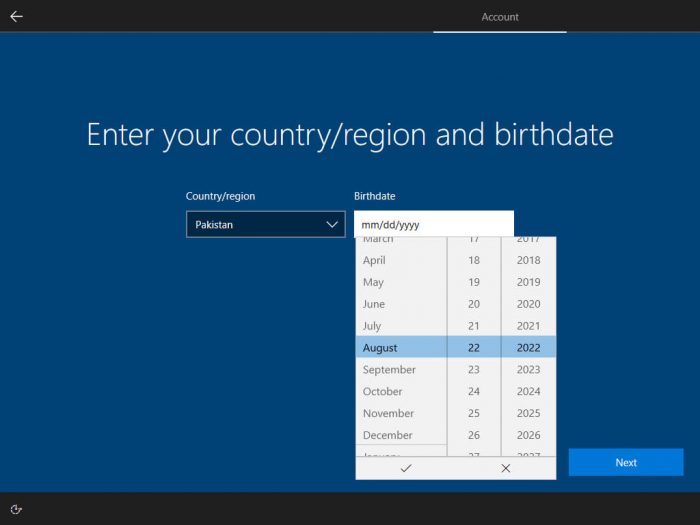 Enter birthdate and country Microsoft Account Windows setup