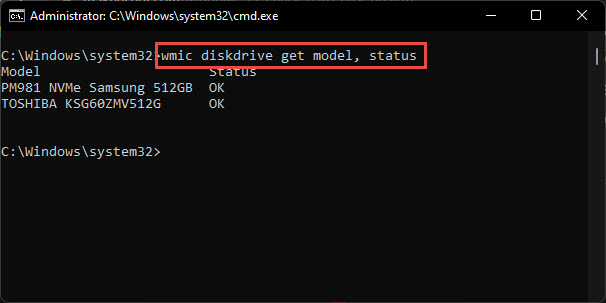 Obtain hard drive status through Command pPrompt