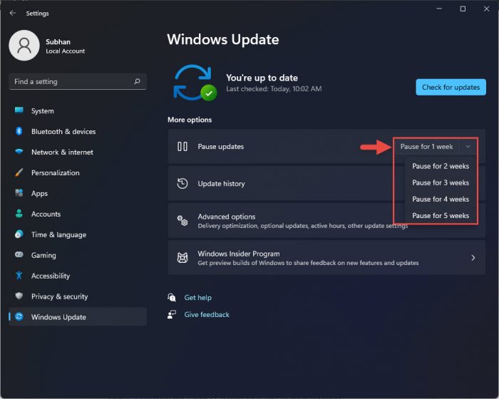Pause updates in Windows 11