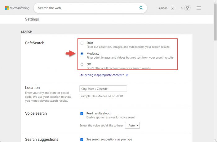 Configure Bings SafeSearch settings