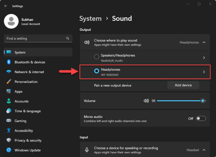 Open output audio device settings
