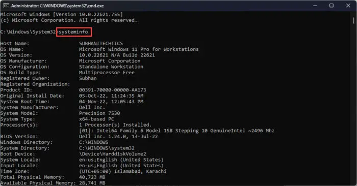 Run SystemInfo in Command Prompt