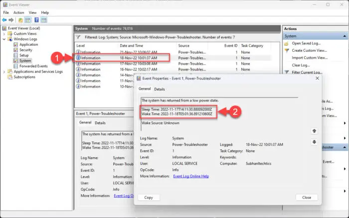 View sleep and wake time of computer