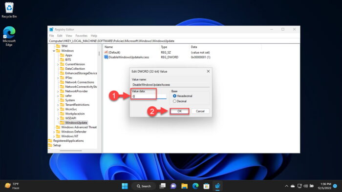 Change Value Data for DisableWindowsUpdateAccess
