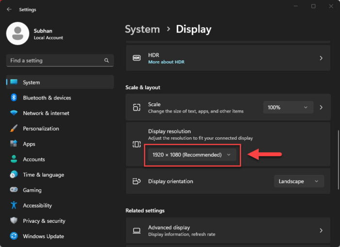 Open display resolution settings