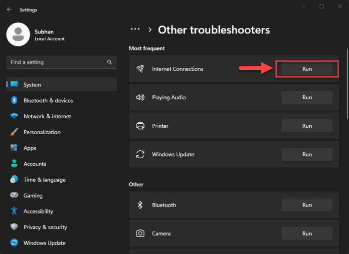 Run Internet Connections troubleshooters