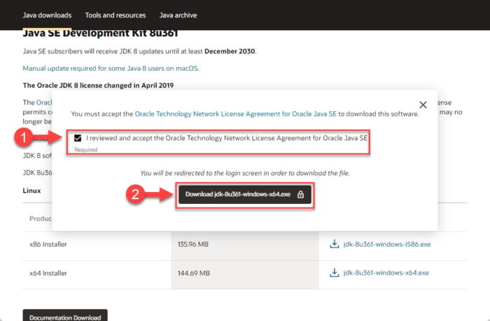 Accept license agreement and download JDK