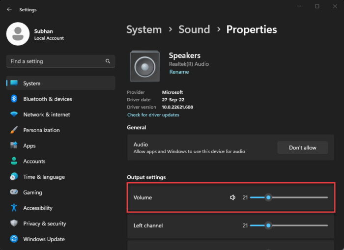 Adjust the volume from the devices properties