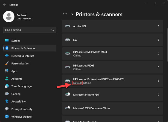 Check default printer from Settings app