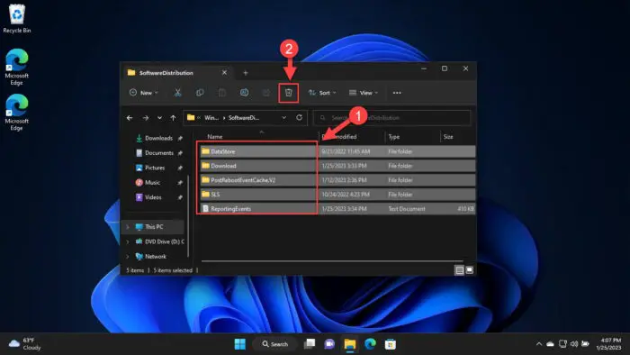 Delete everything in SoftwareDistribution folder