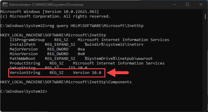 Find IIS version using Command Prompt