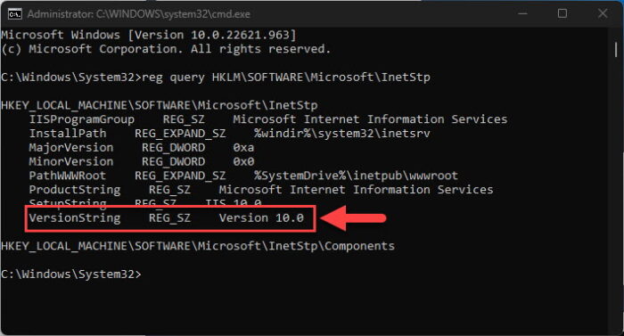 Find IIS version using Command Prompt