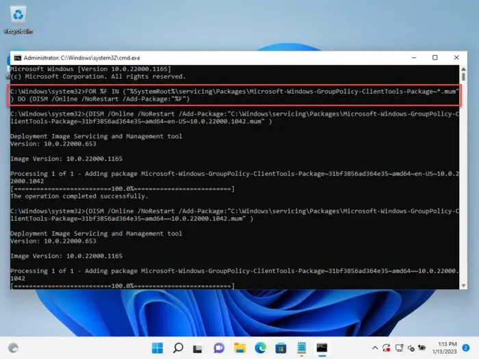 Install gpedit msc using Command Prompt