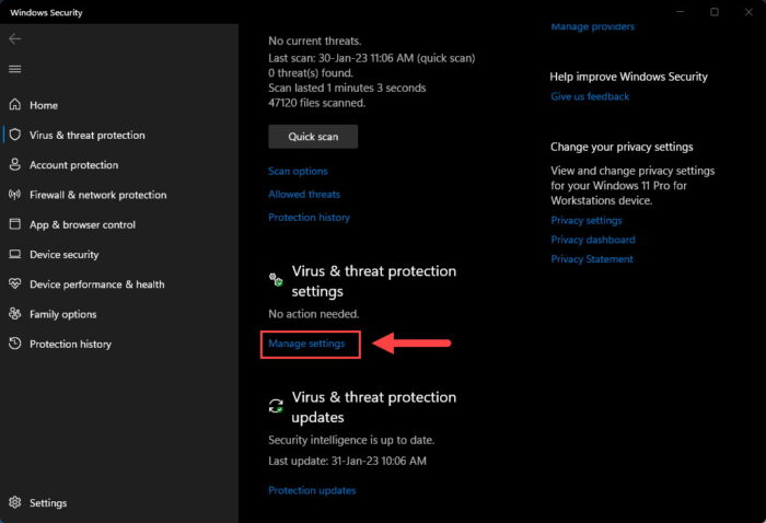 Manage virus and threat protection settings