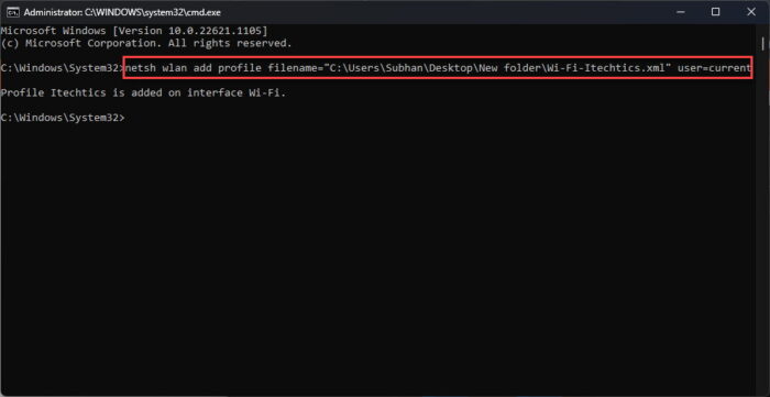 Restore a wireless network profile for current user using Command Prompt