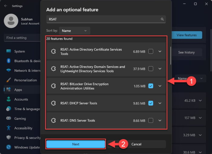 Select and install RSAT tools