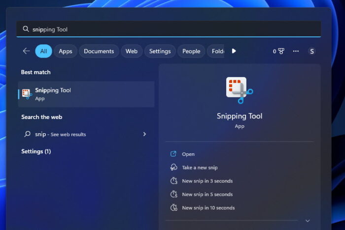 Snipping Tool in Start menu