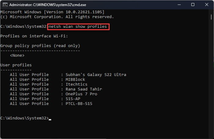 View all saved wireless network profiles using Command Prompt