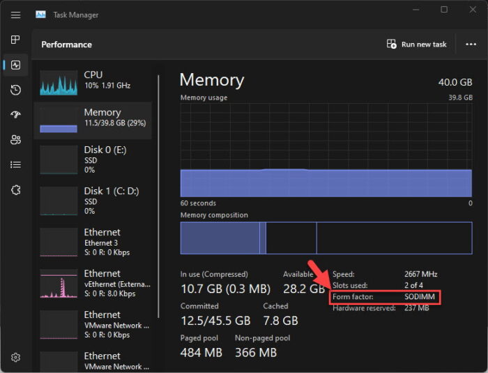 View memory modules form factor in Task Manager