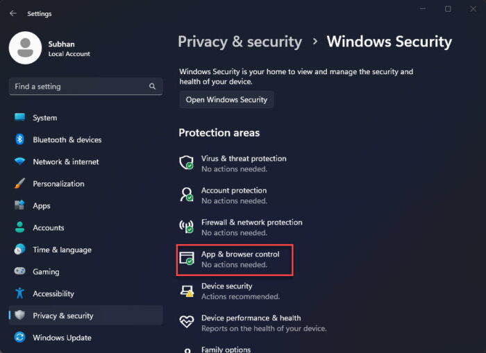 App and browser control in Windows Security