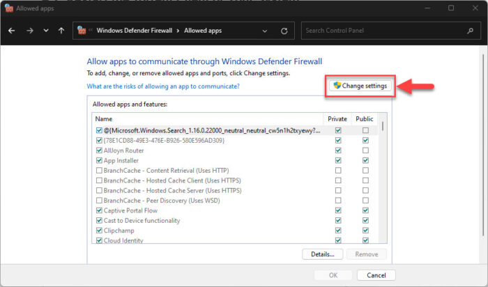 Change firewall settings