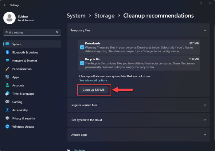 Delete items using Cleanup Recommendations