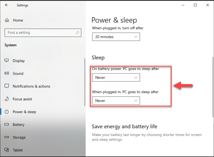 Disable sleep from Windows 10 Settings app