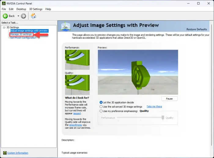 Verwalten Sie 3D -Einstellungen aus dem NVIDIA -Bedienfeld